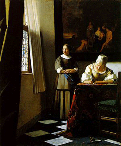 reproductie schrijvende vrouw met dienstbode van Johannes Vermeer